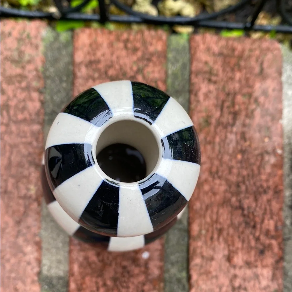 Set of three Jonathan Adler Black and White Striped Vases. Circa 1990s.